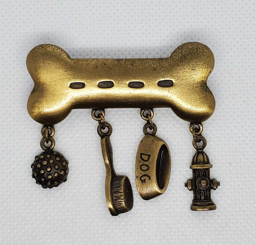JJ Jonell Dog Bone Brooch with hydrant, bowl, brush and ball